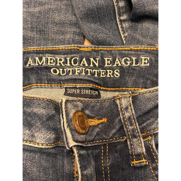 American Eagle Distressed Skinny Jeans Patched Graphic Raw Hem - Picture 6 of 7